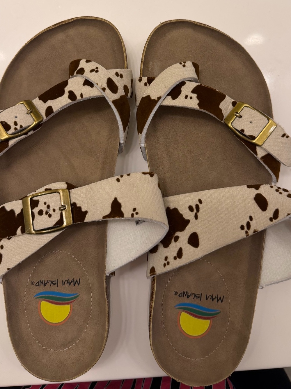Maui Island Women's Cow Print Beige Brown Buckle Sandals